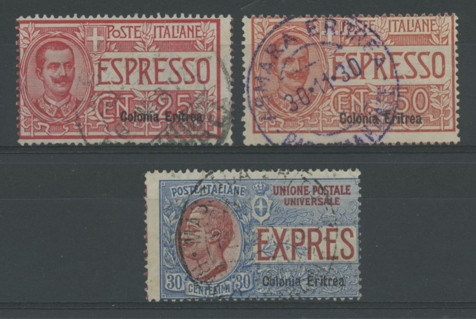 COLONIE ERITREA 1907/21 ESPRESSI SOVR. 3V. US.