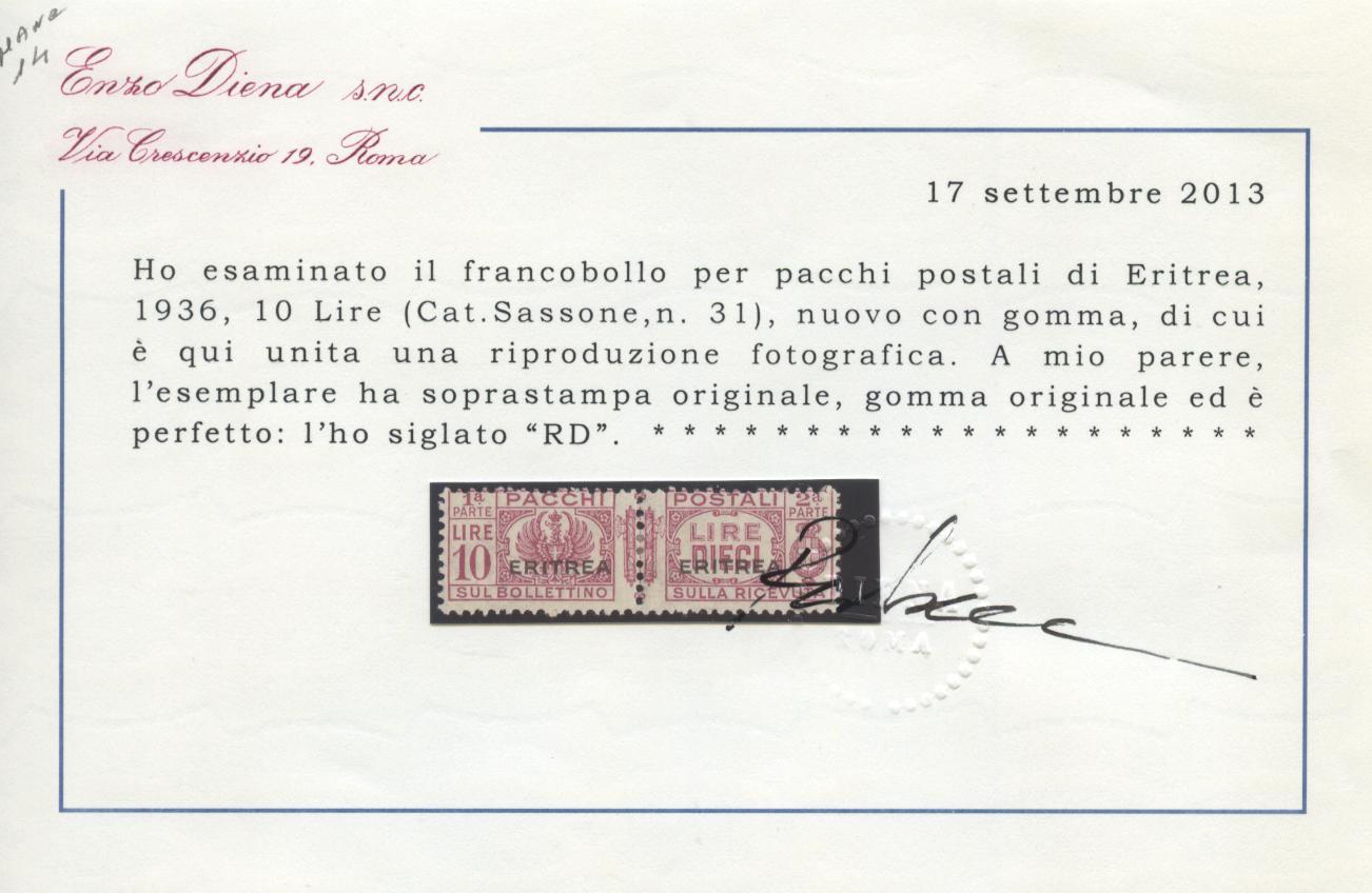 Scansione lotto: COLONIE ERITREA 1927/37 PACCHI L.10 N.31 *  CERT.