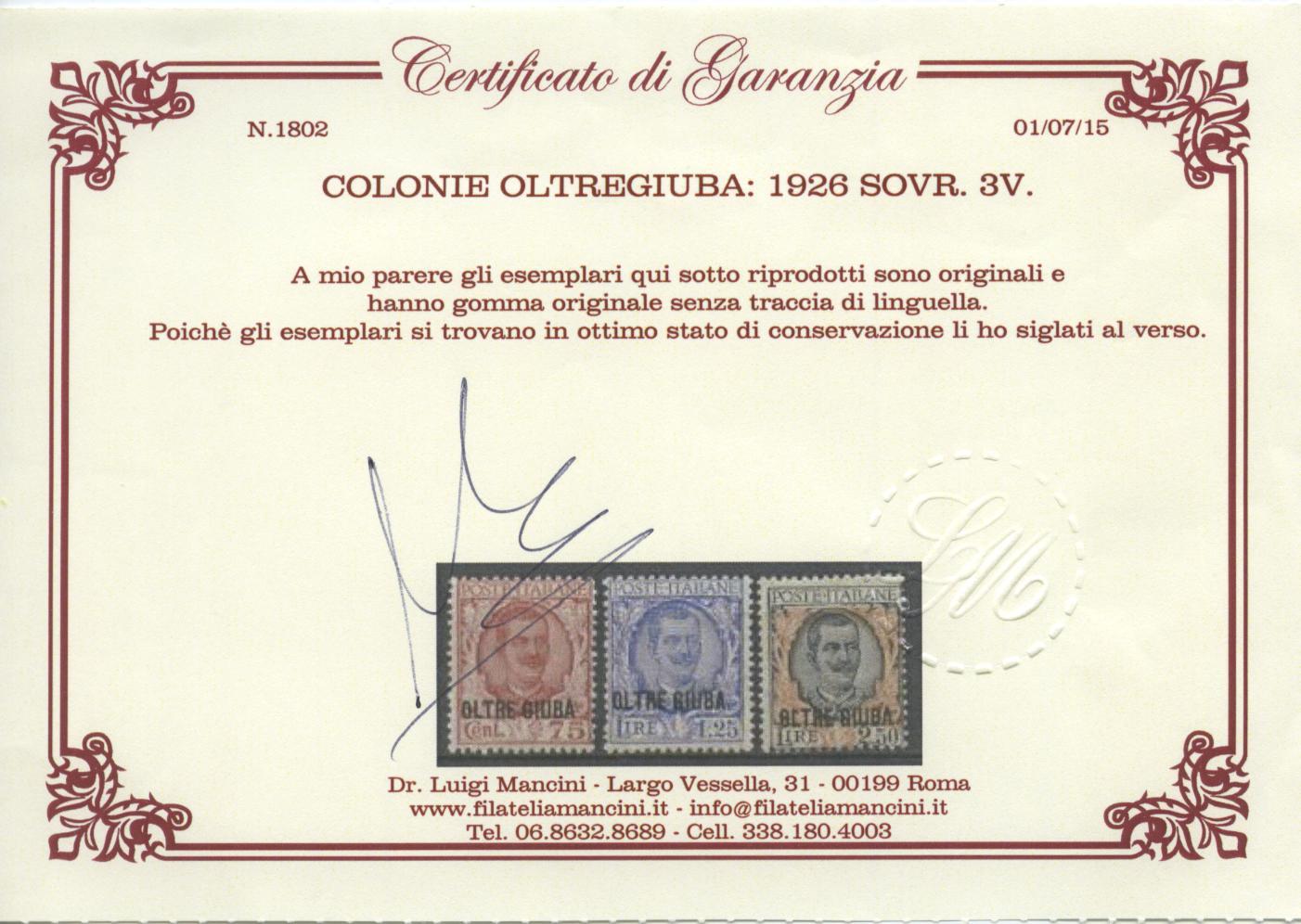 Scansione lotto: COLONIE OLTREGIUBA 1926 SOVR. 3V. 2 **  CERT.