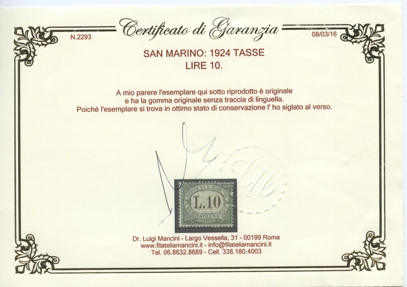 Scansione lotto: SAN MARINO 1924 TASSE RARA 9V. 6 **  CERT.