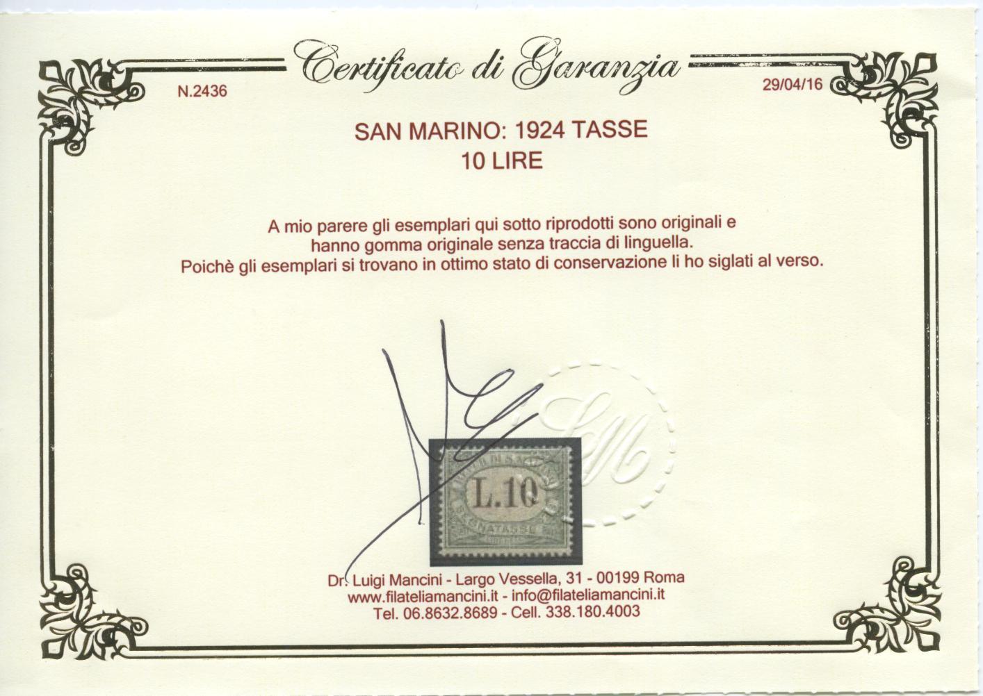 Scansione lotto: SAN MARINO 1924 TASSE RARA 9V. 8 **  CERT.