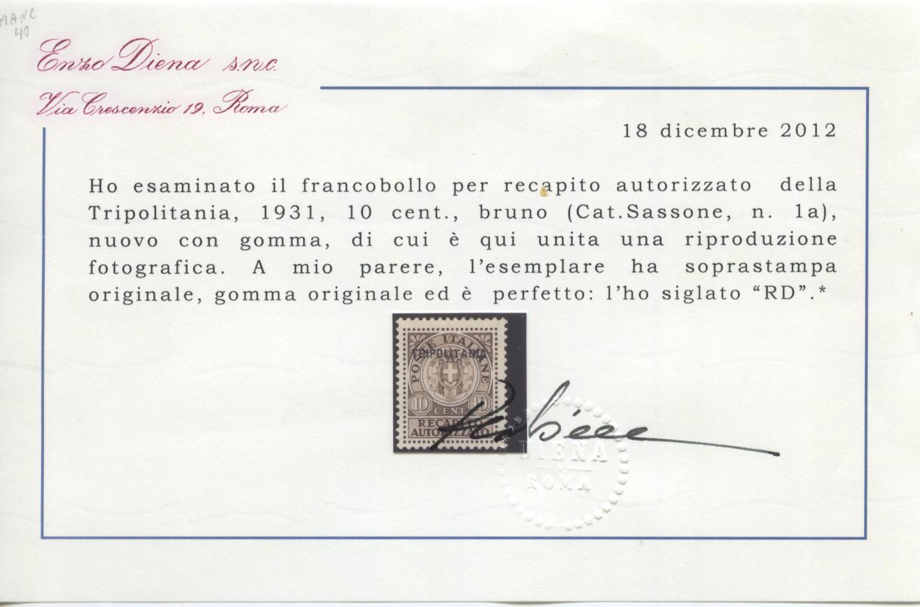 Scansione lotto: COLONIE TRIPOLITANIA 1931 RECAPITO RARO N.1A *  CERT.