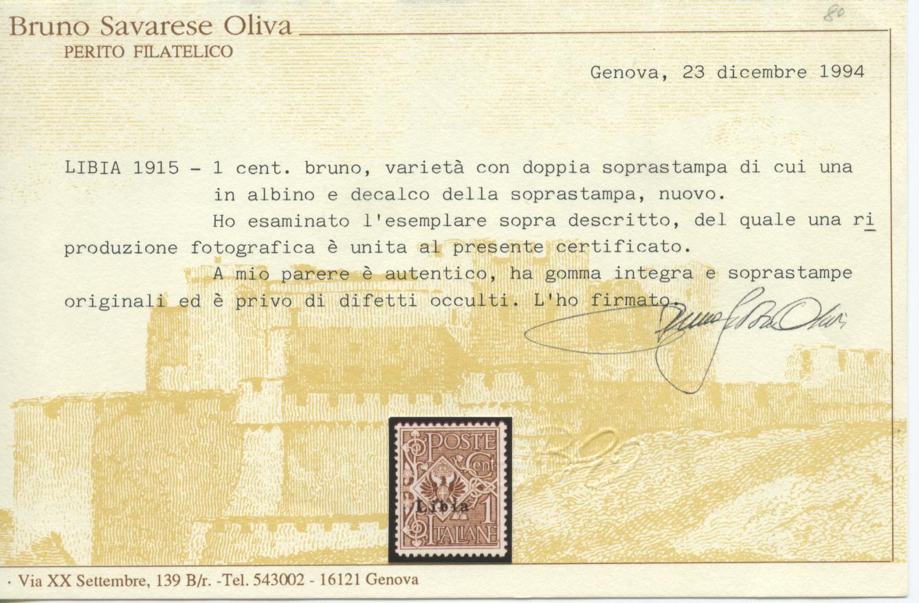 Scansione lotto: COLONIE LIBIA 1912/5 C.1 DOPPIA SOVR. **  CERT.