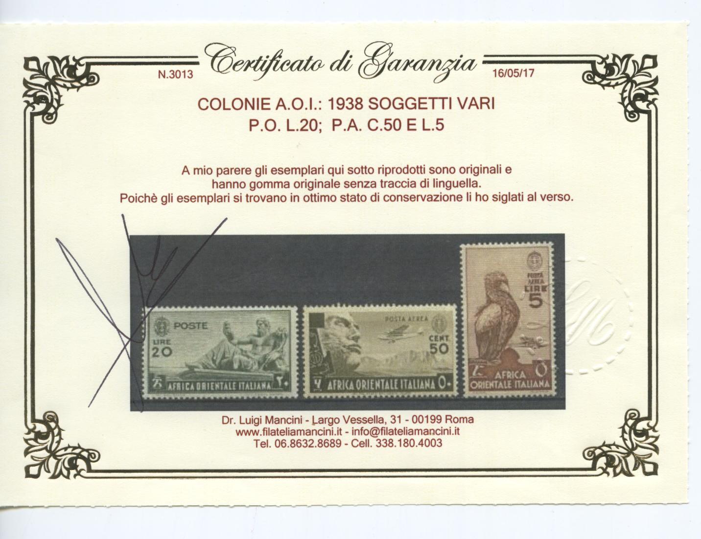 Scansione lotto: COLONIE A.O.I. 1938 SOGGETTI VARI 35V. 3 ** LUSSO CERT.