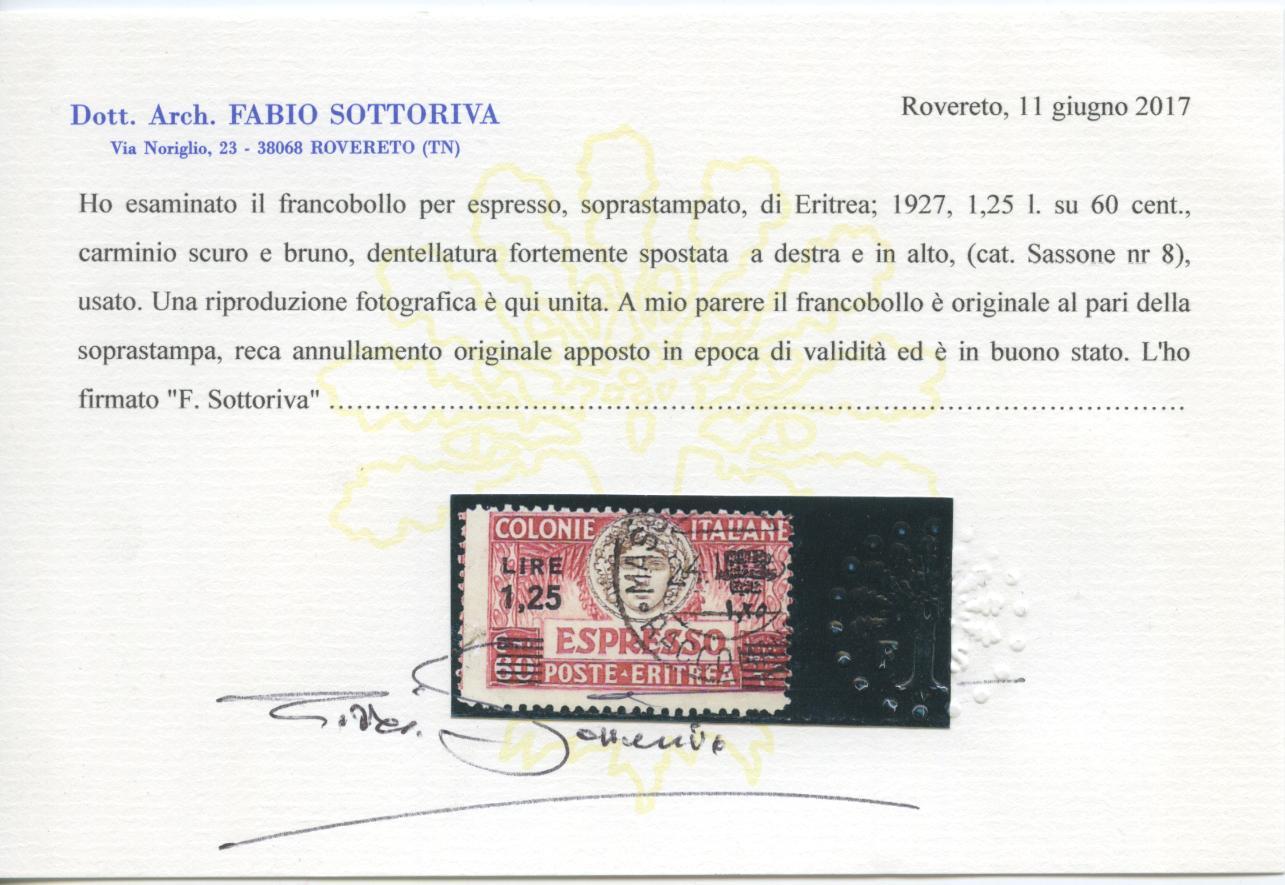 Scansione lotto: COLONIE ERITREA 1935 ESPRESSO N.8 US.  CERT.