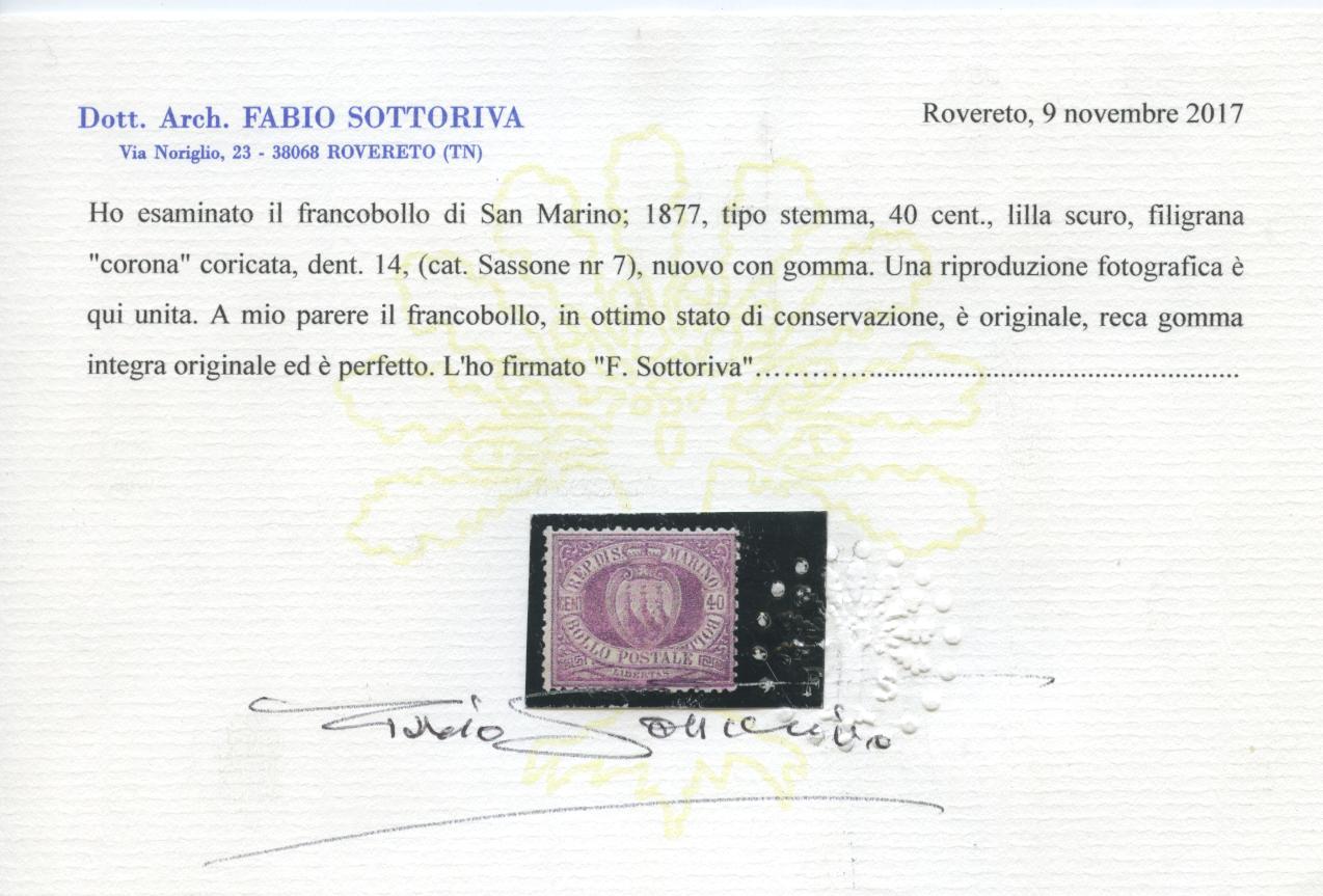 Scansione lotto: SAN MARINO 1877 40C. LILLA ** CENTRATO CERT.