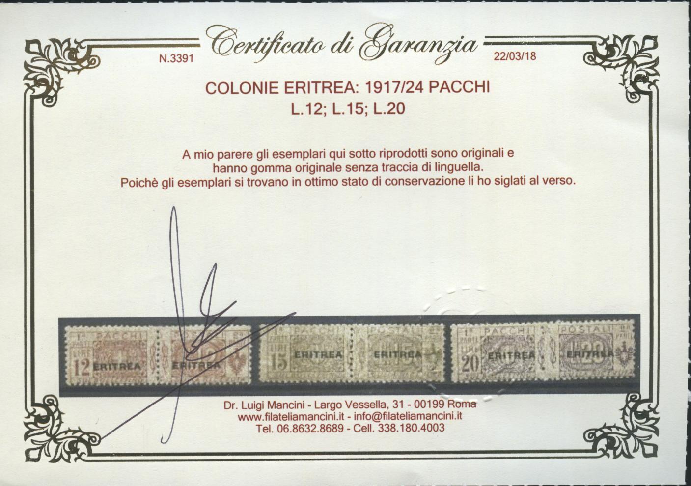 Scansione lotto: COLONIE ERITREA 1917/24 PACCHI 13V. **  CERT.