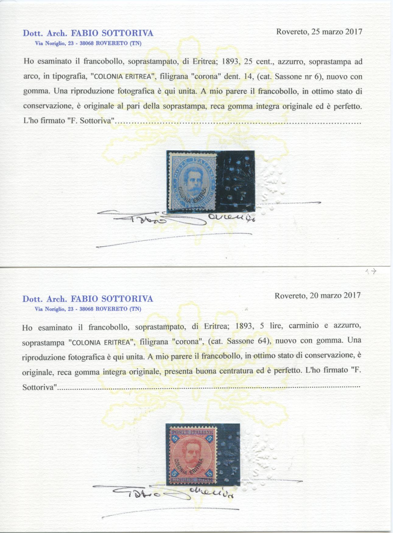 Scansione lotto: COLONIE ERITREA 1893 SOVR. 11V. 5 **  CERT.