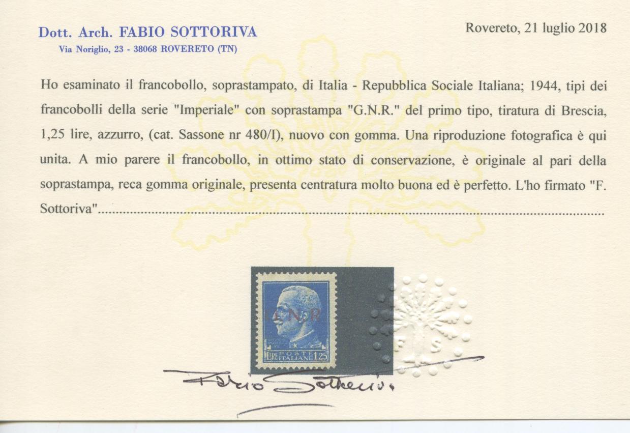 Scansione lotto: RSI E LUOGOTENENZA 1944 L.1,25 GNR BS * LUSSO CERT.