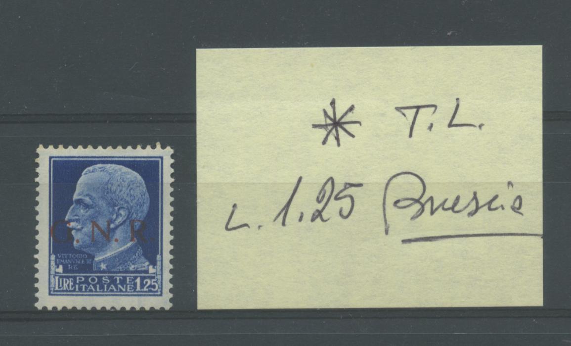 Scansione lotto: RSI E LUOGOTENENZA 1944 L.1,25 GNR BS * CENTRATO CERT.