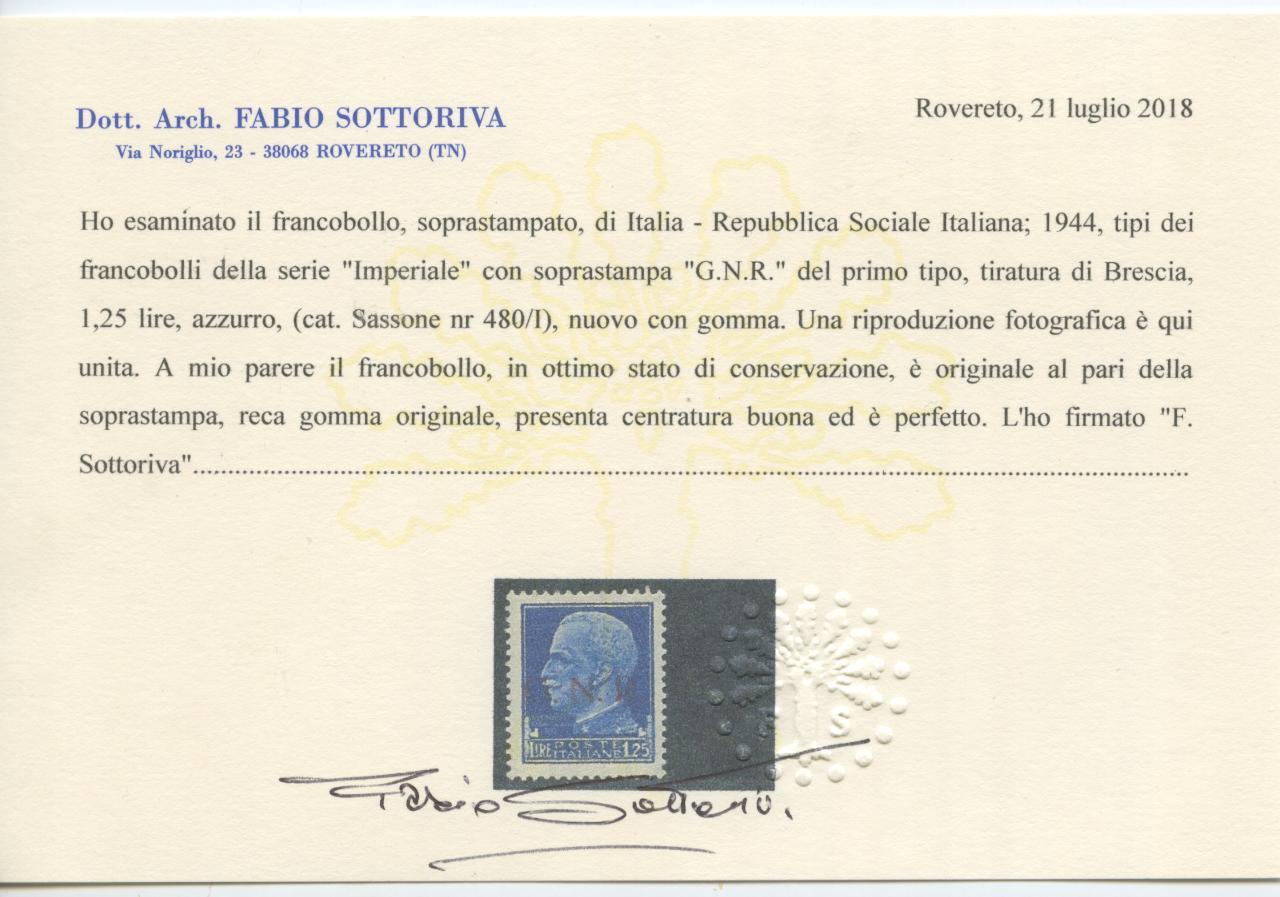 Scansione lotto: RSI E LUOGOTENENZA 1944 L.1,25 GNR BS * CENTRATO CERT.