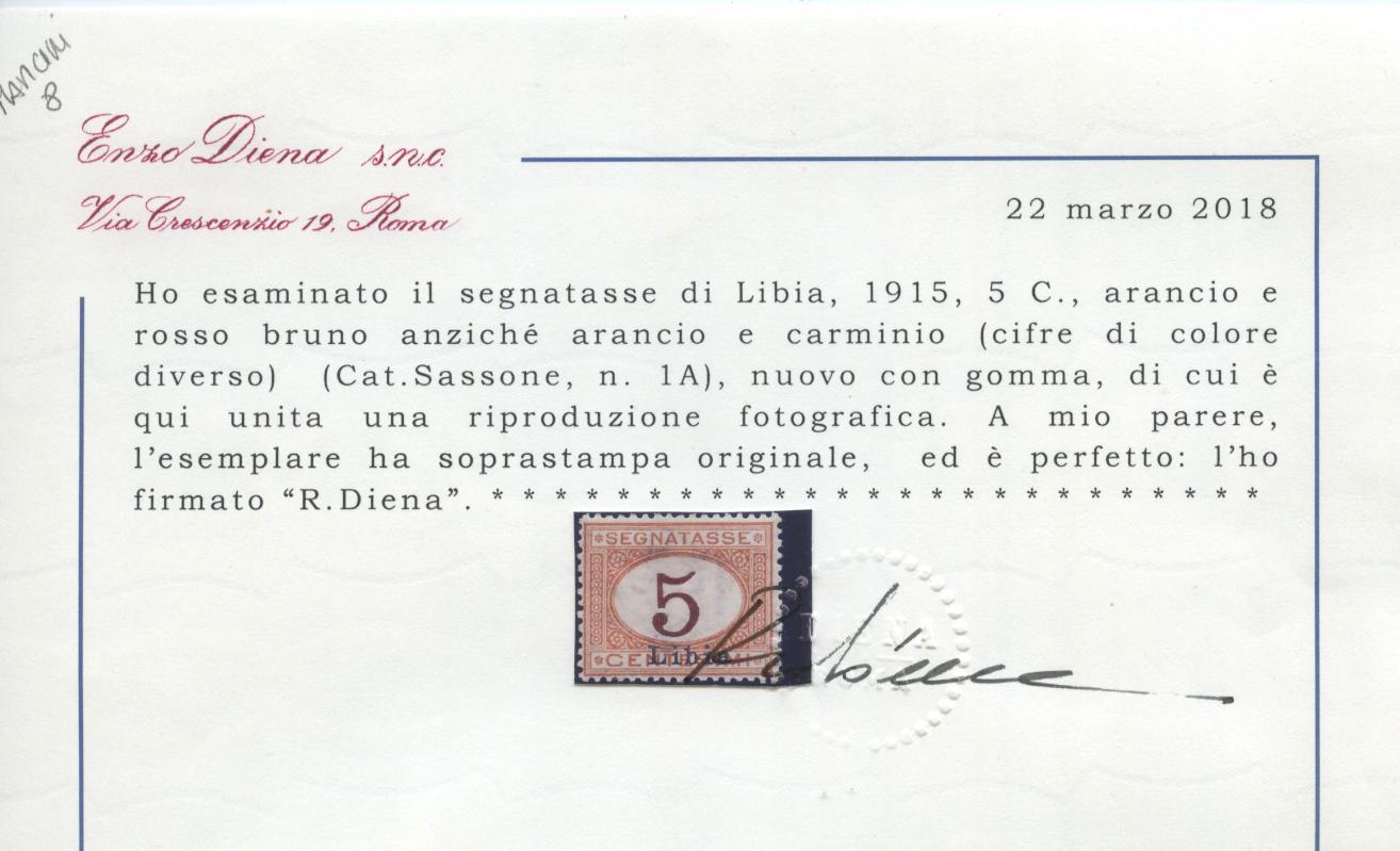 Scansione lotto: COLONIE LIBIA 1915 TASSE C.5 N.1A *  CERT.