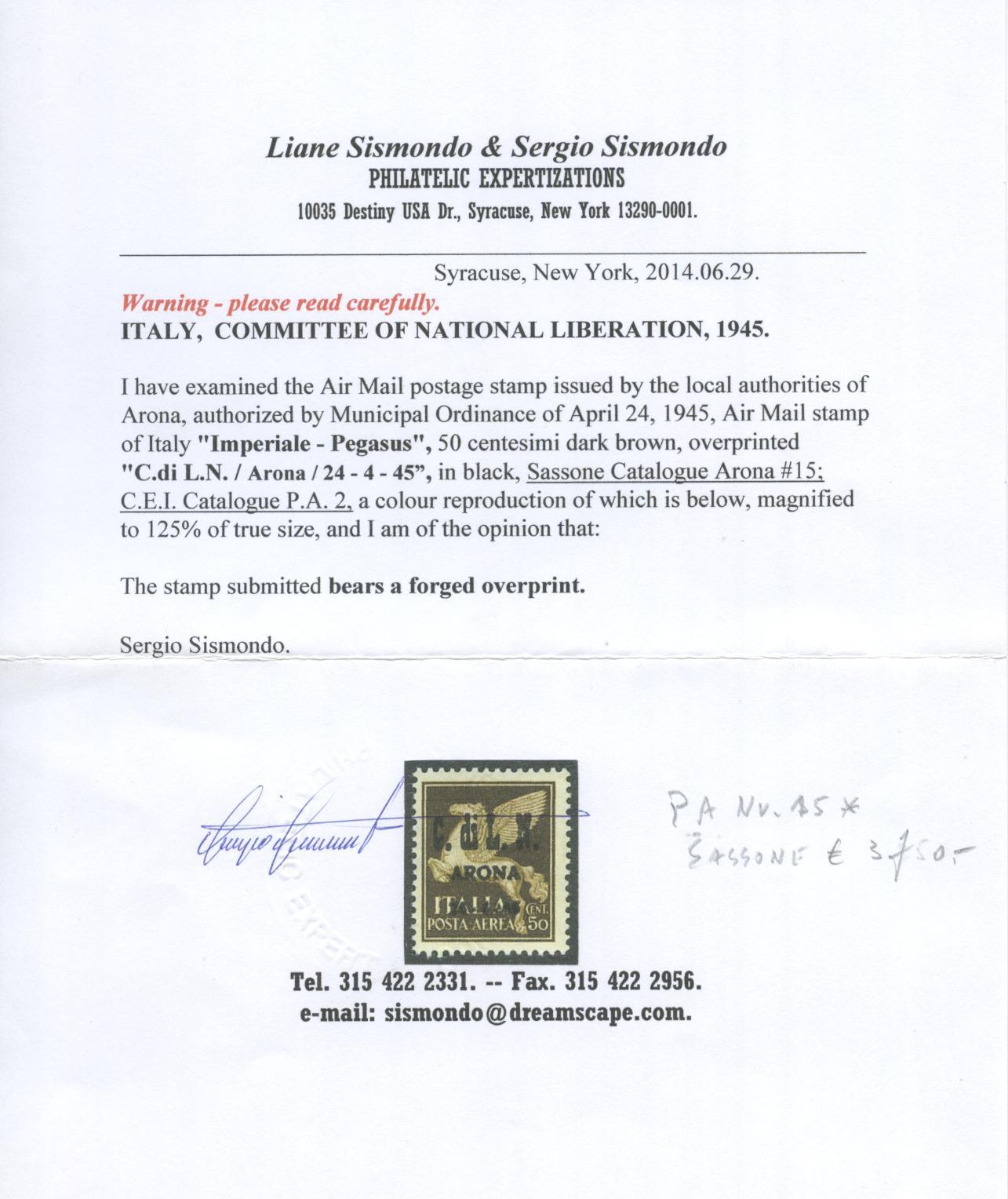 Scansione lotto: ITALIA EMISSIONI LOC 1945 ARONA N.17 *  CERT.
