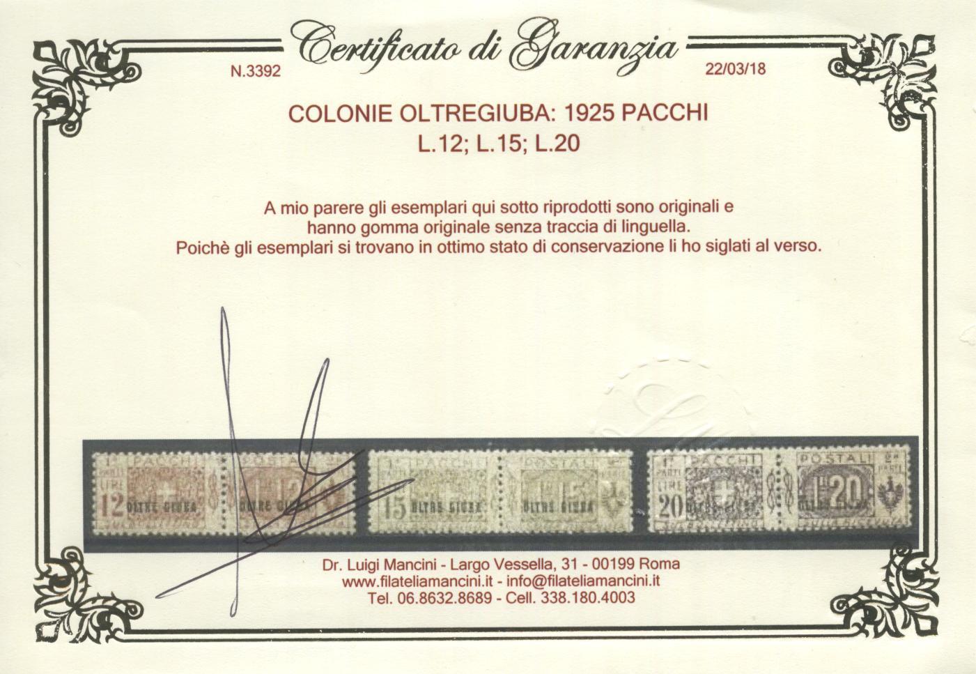 Scansione lotto: COLONIE OLTREGIUBA 1925 PACCHI 13V. 2 ** CENTRATO CERT.