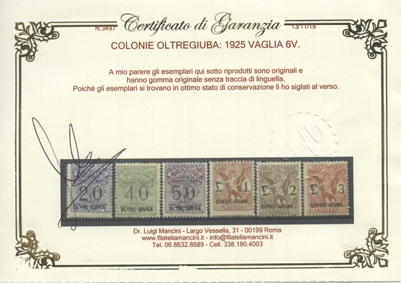 Scansione lotto: COLONIE OLTREGIUBA 1925 VAGLIA 6V. **  CERT.