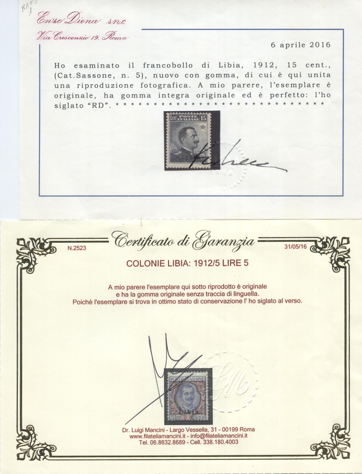 Scansione lotto: COLONIE LIBIA 1912/5 SOVR. 12V. 4 **  CERT.