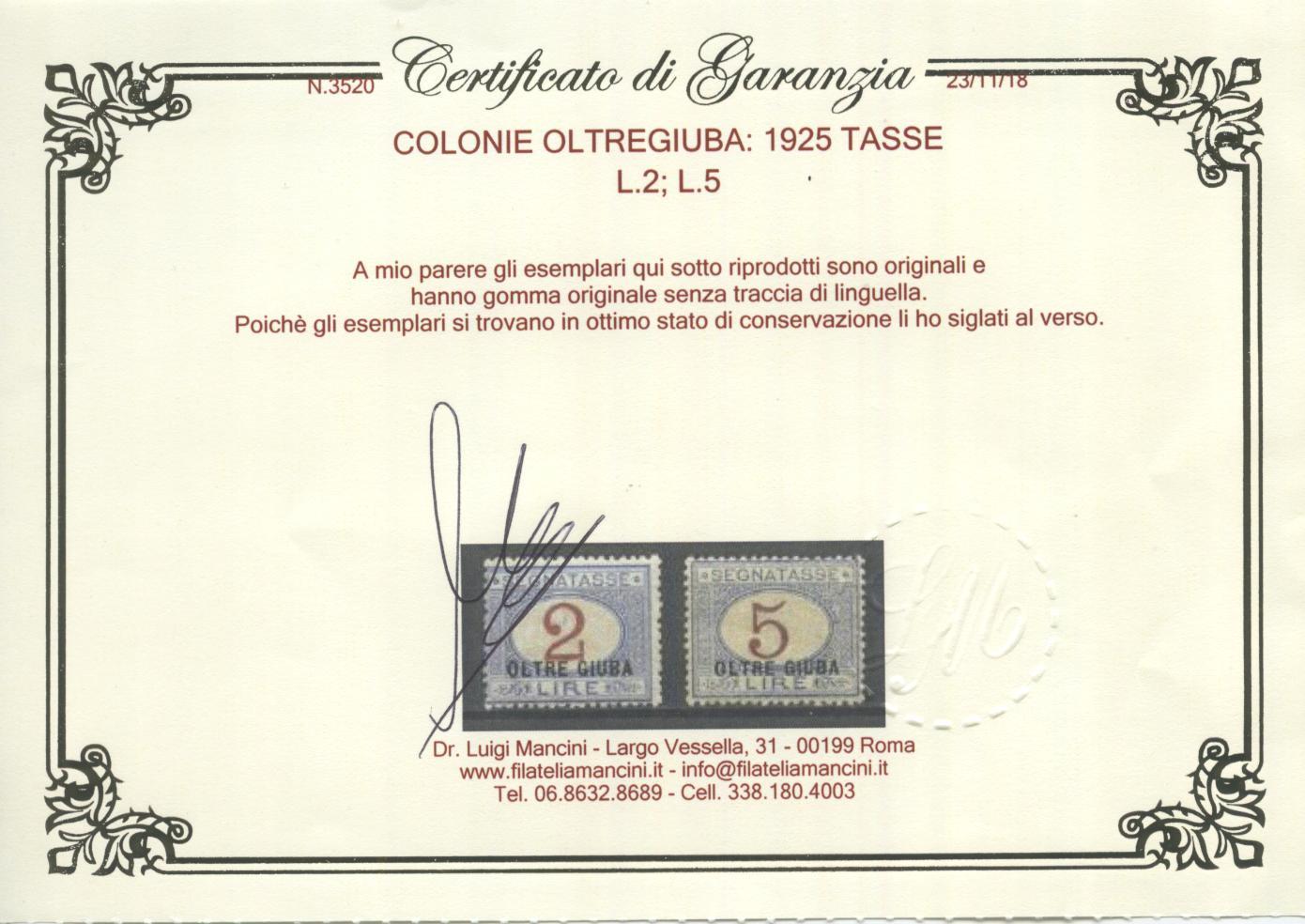 Scansione lotto: COLONIE OLTREGIUBA 1925 TASSE 10V. 2 ** CENTRATO CERT.