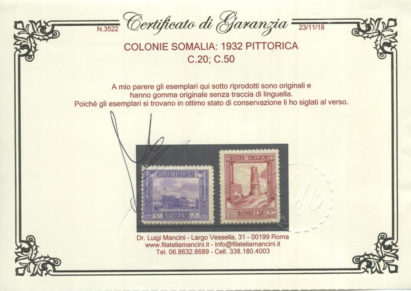 Scansione lotto: COLONIE SOMALIA 1932 PITTORICA 18V. 2 **  CERT.