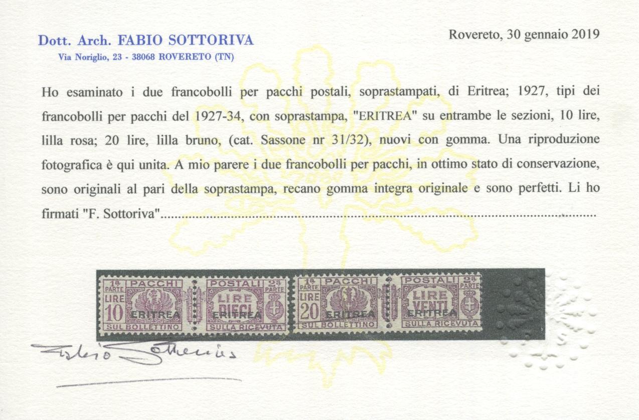 Scansione lotto: COLONIE ERITREA 1927/37 PACCHI L.10 E L.20 4 **  CERT.