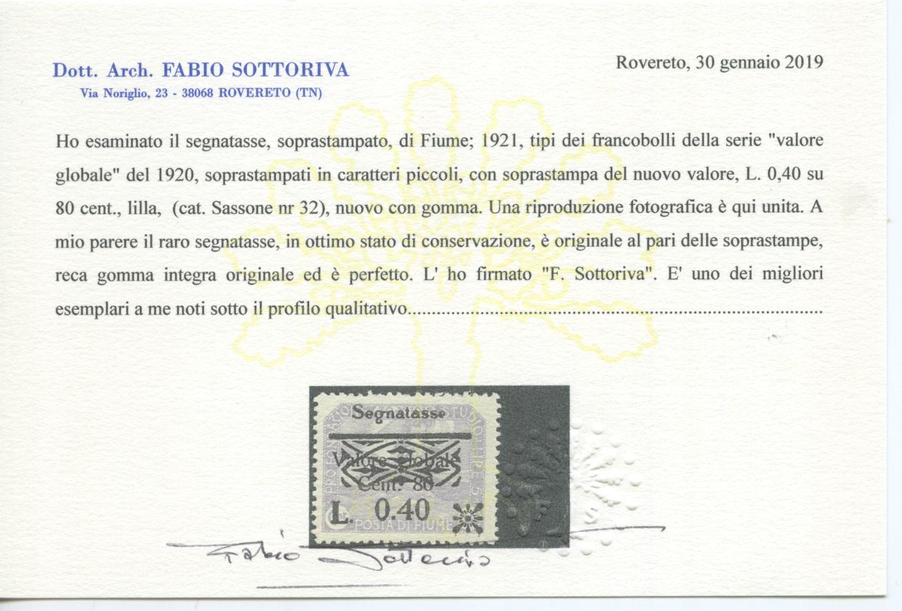 Scansione lotto: OCCUPAZIONI FIUME 1921 TASSE N.32 ** LUSSO CERT.