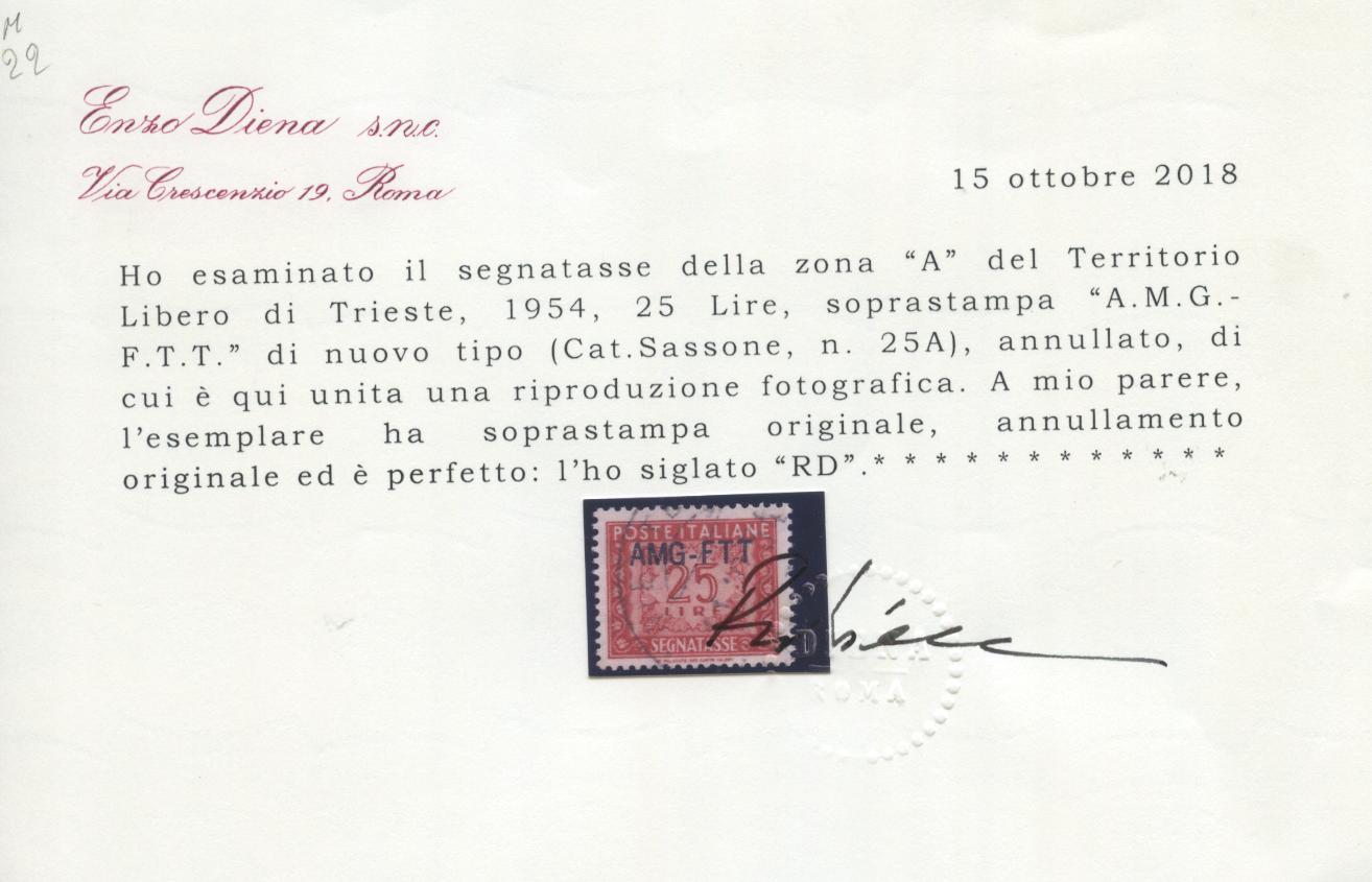 Scansione lotto: TRIESTE 1954 TASSE L.25 RARO US.  CERT.