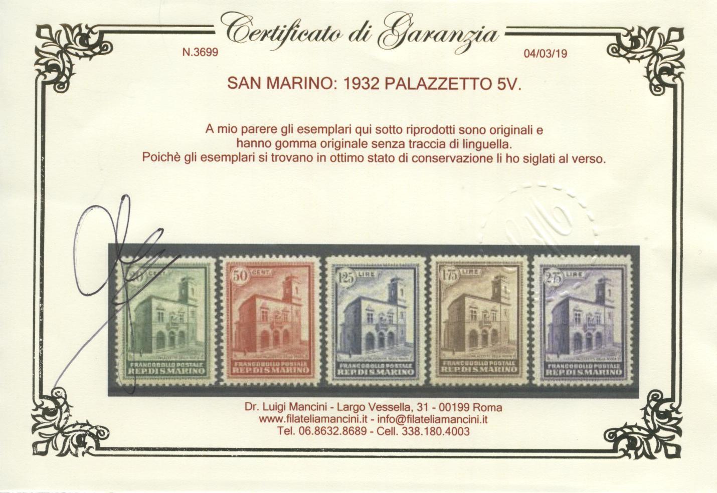 Scansione lotto: SAN MARINO 1932 PALAZZETTO 5V. 4 ** LUSSO CERT.