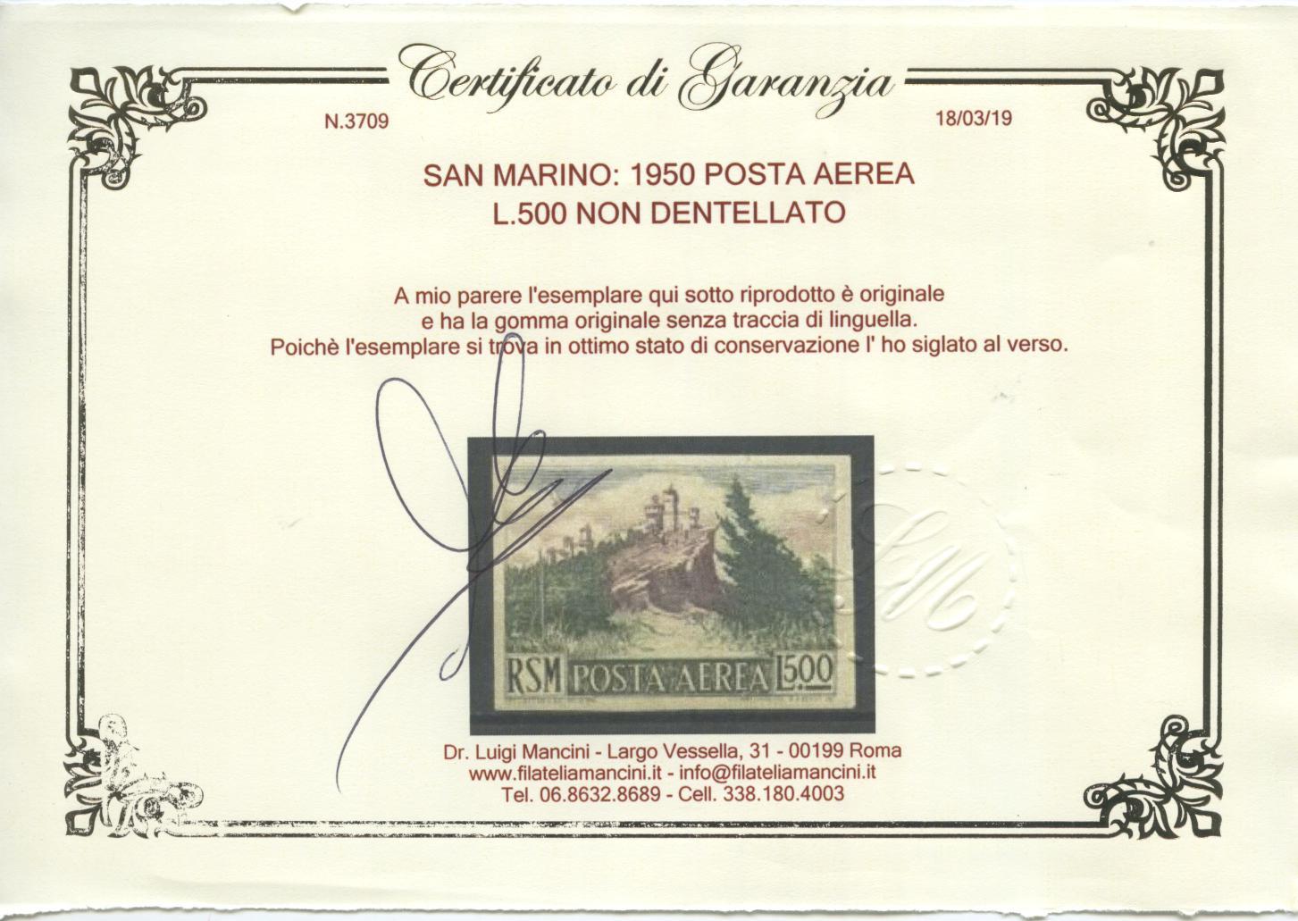 Scansione lotto: SAN MARINO 1950 POSTA AEREA L.500 NON DENT. **  CERT.