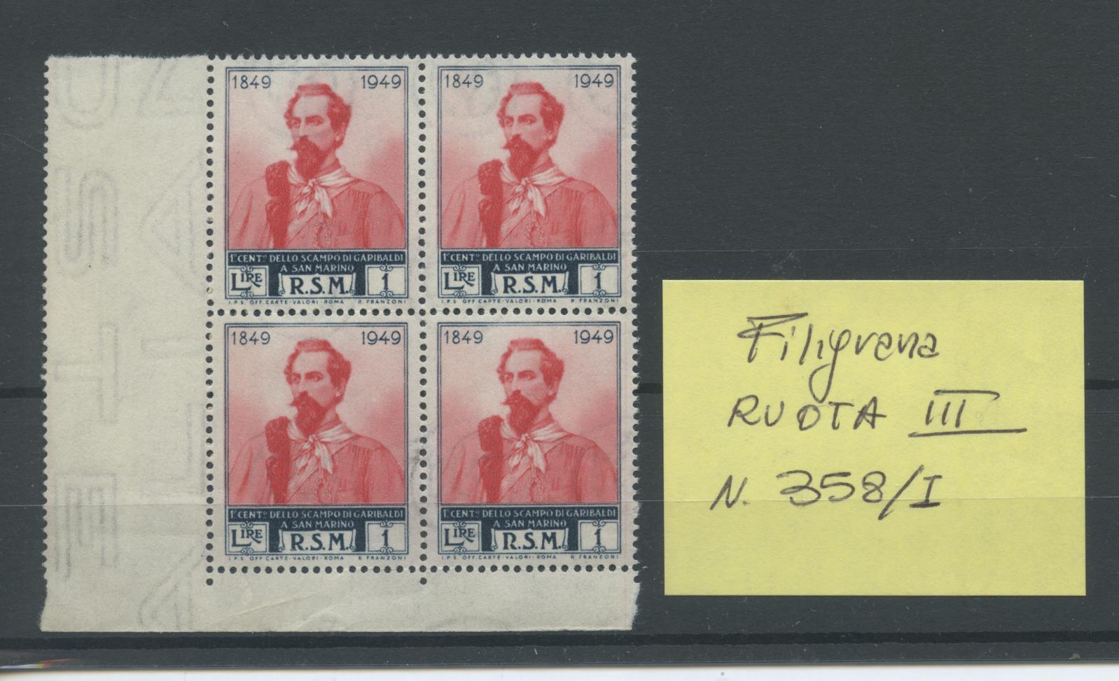 Scansione lotto: SAN MARINO 1949 GARIBALDI L.1 RUOTA III X4 ** LUSSO