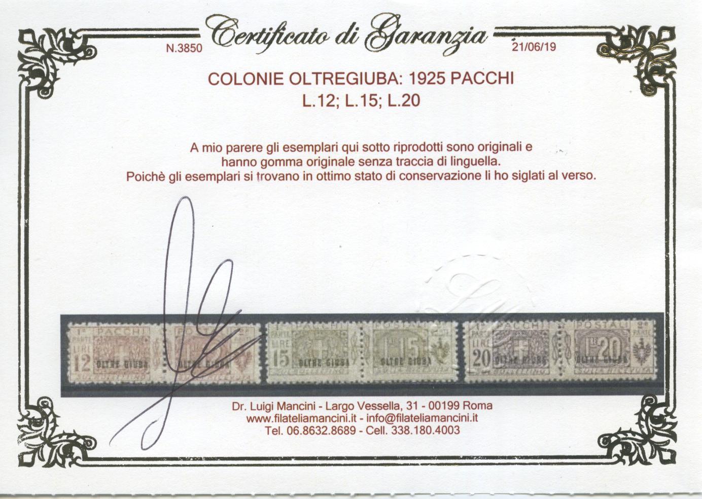 Scansione lotto: COLONIE OLTREGIUBA 1925 PACCHI 13V. 4 **  CERT.