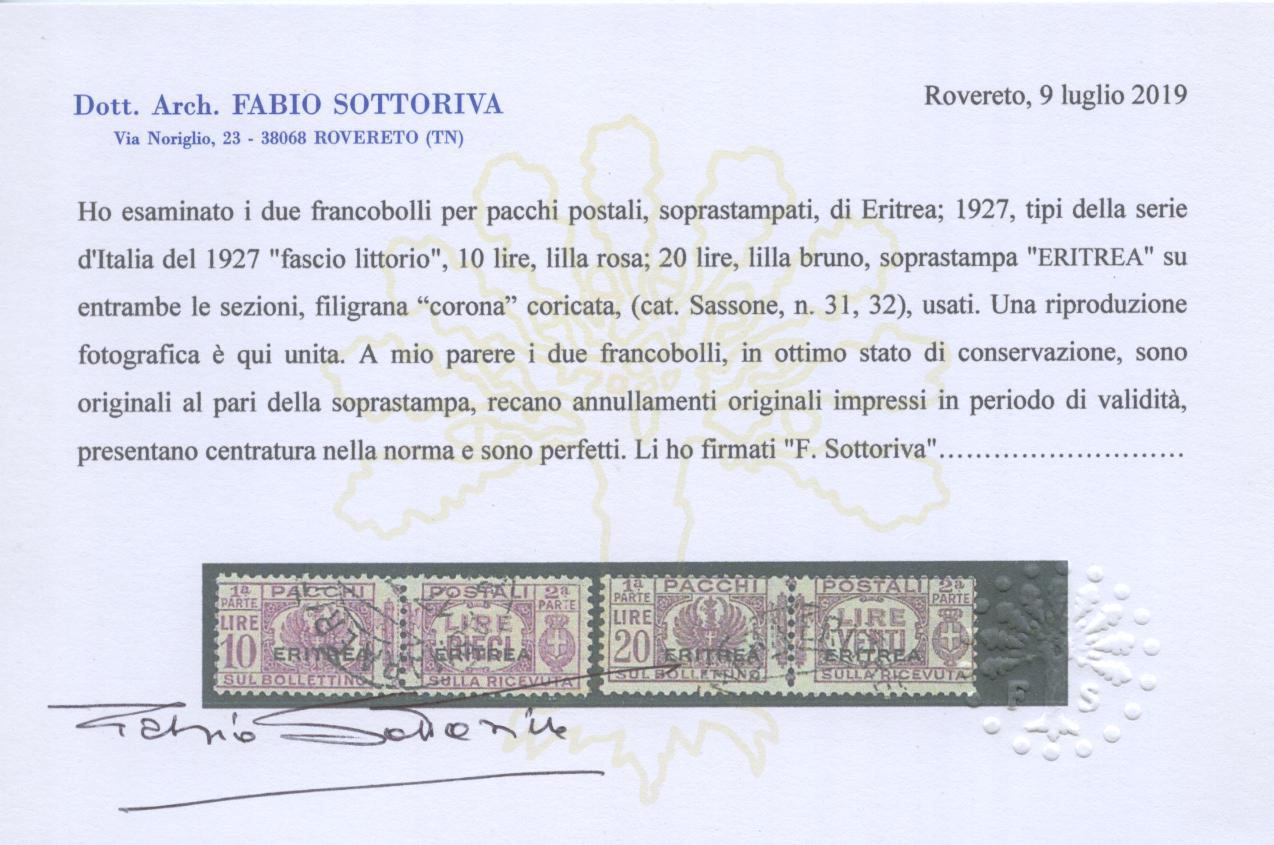 Scansione lotto: COLONIE ERITREA 1927/37 PACCHI L.10 E L.20 US.  CERT.