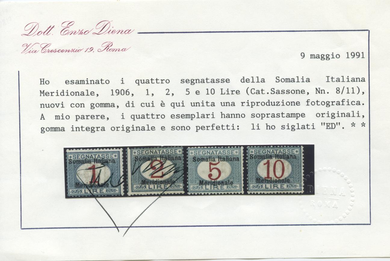 Scansione lotto: COLONIE SOMALIA 1906 TASSE 11V. 3 **  CERT.