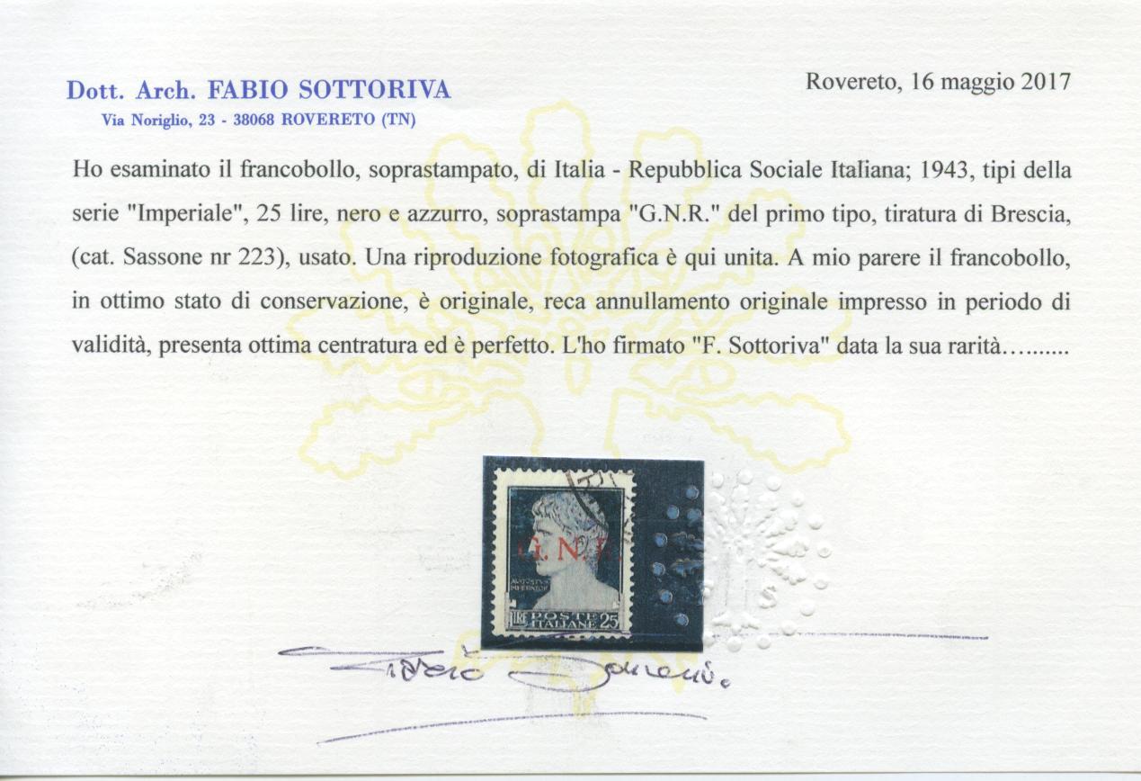 Scansione lotto: RSI E LUOGOTENENZA 1944 L.25 SOVR. BRESCIA US.  CERT.