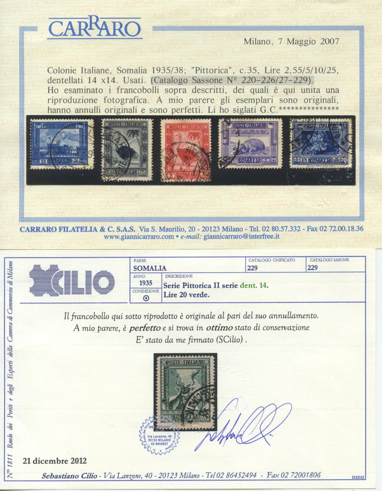 Scansione lotto: COLONIE SOMALIA 1935/8 PITTORICA 18V. US.  CERT.