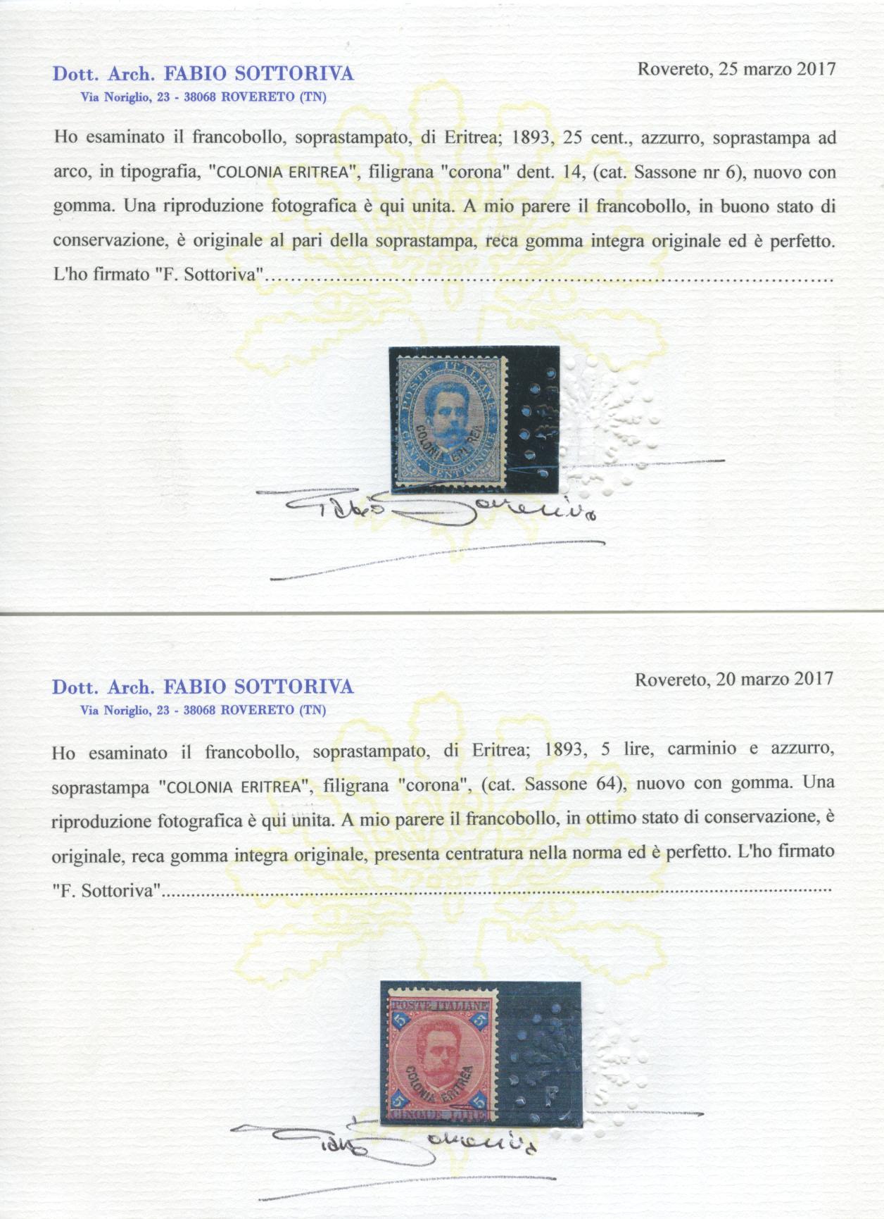 Scansione lotto: COLONIE ERITREA 1893 SOVR. 11V. 6 **  CERT.