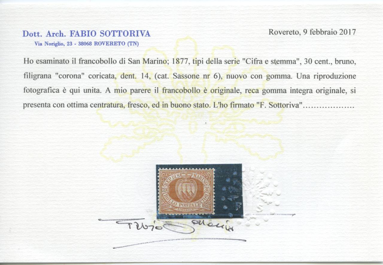 Scansione lotto: SAN MARINO 1877 30C. 3 ** LUSSO CERT.