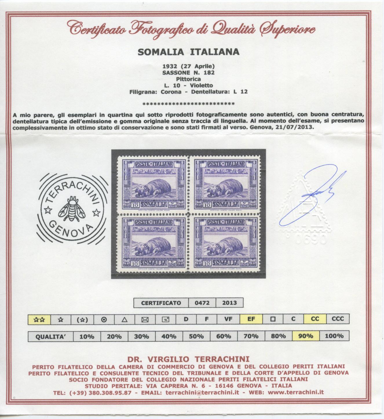 Scansione lotto: COLONIE SOMALIA 1935/8 PITTORICA L.10 X4 **  CERT.