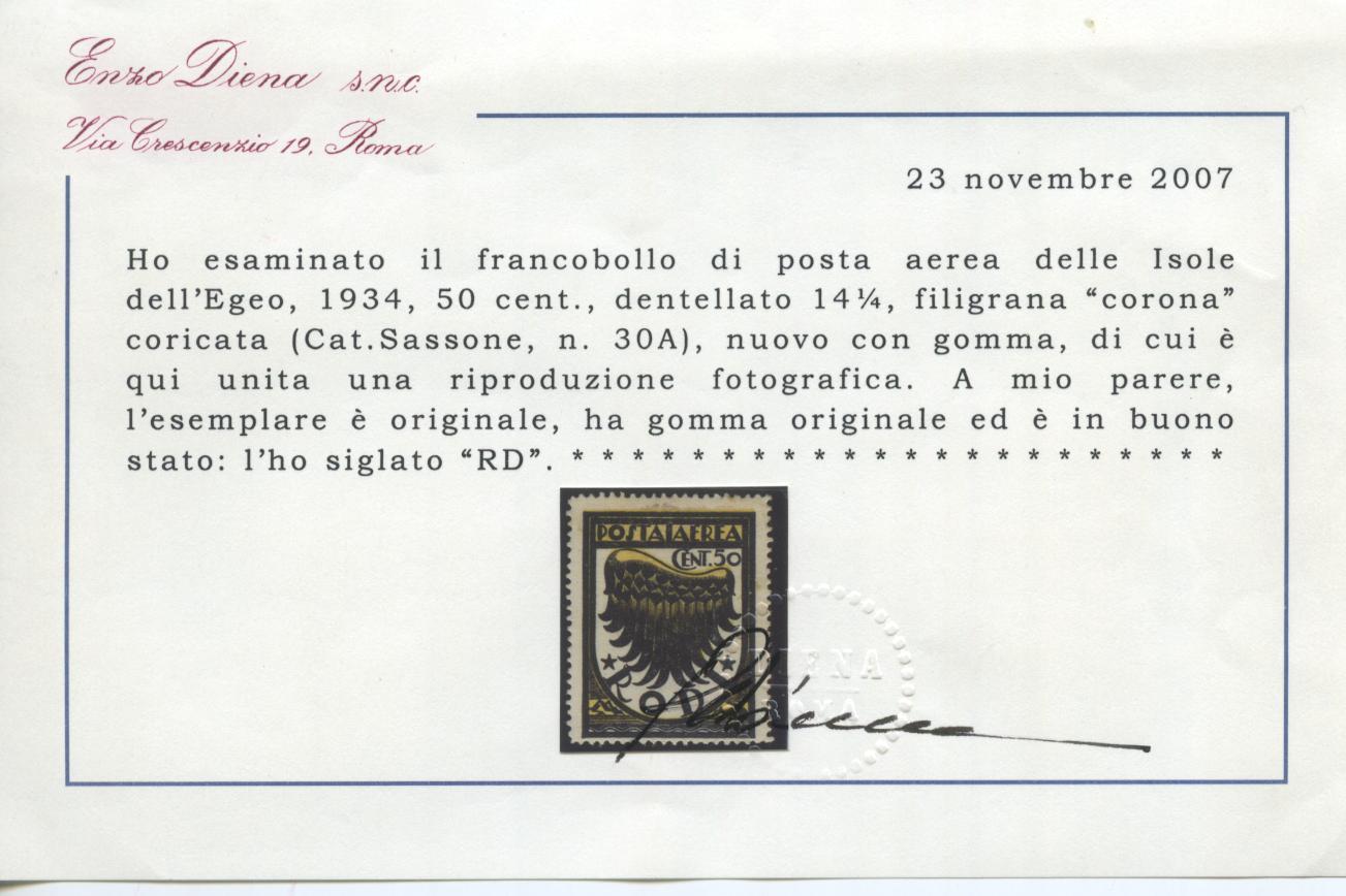 Scansione lotto: COLONIE EGEO 1934 50C. N.30A *  CERT.