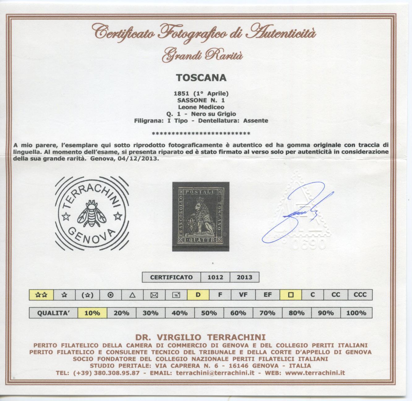 Scansione lotto: TOSCANA 1851 1Q.(riparato) *  CERT.