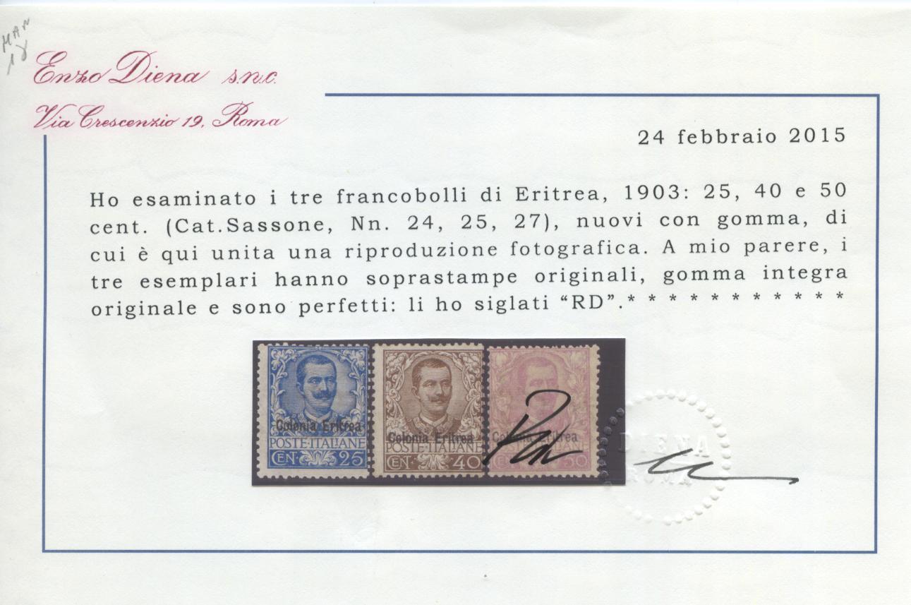 Scansione lotto: COLONIE ERITREA 1903 FLOREALE 11V. 3 **  CERT.