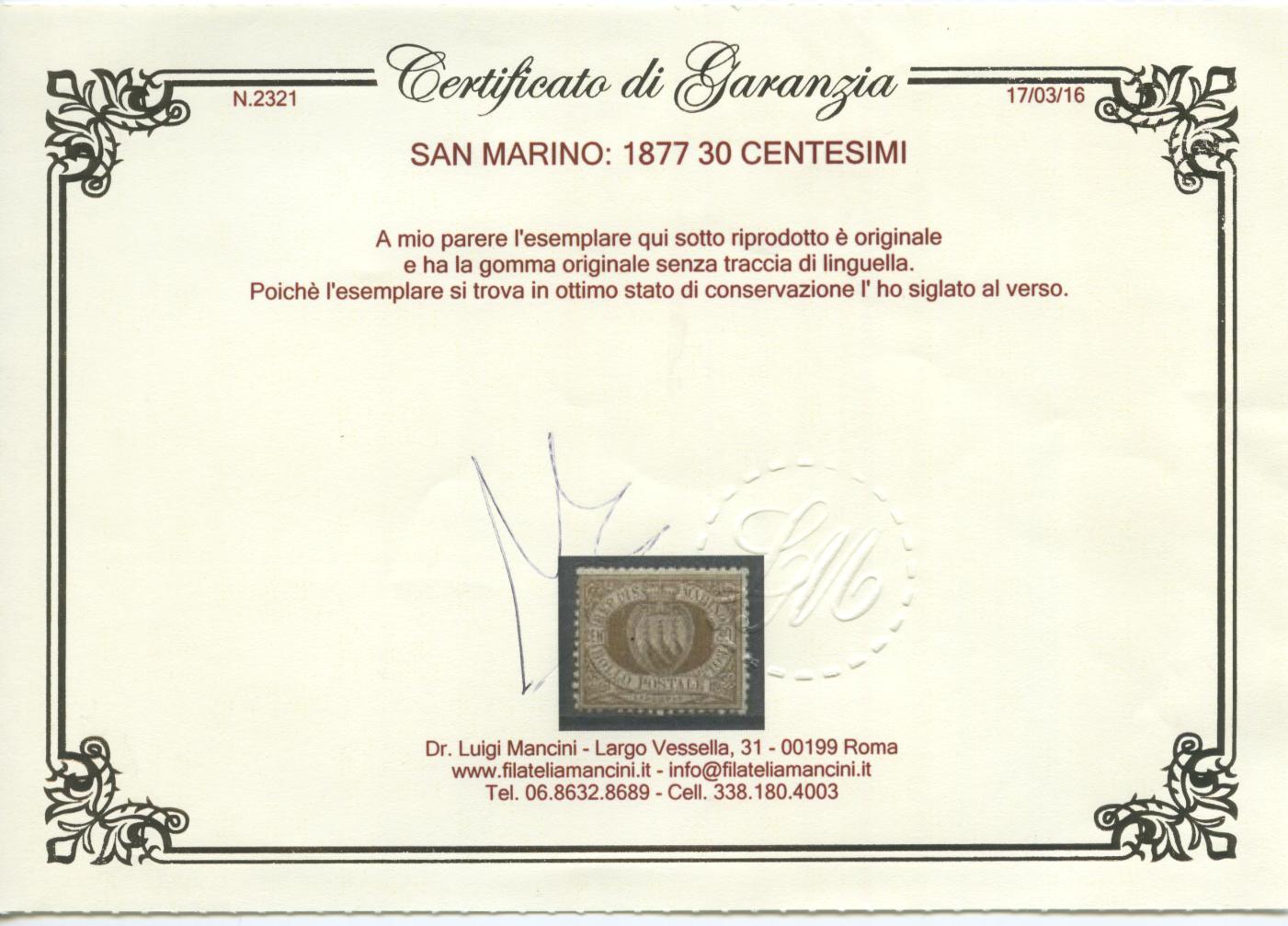 Scansione lotto: SAN MARINO 1877 30C. 3 ** CENTRATO CERT.