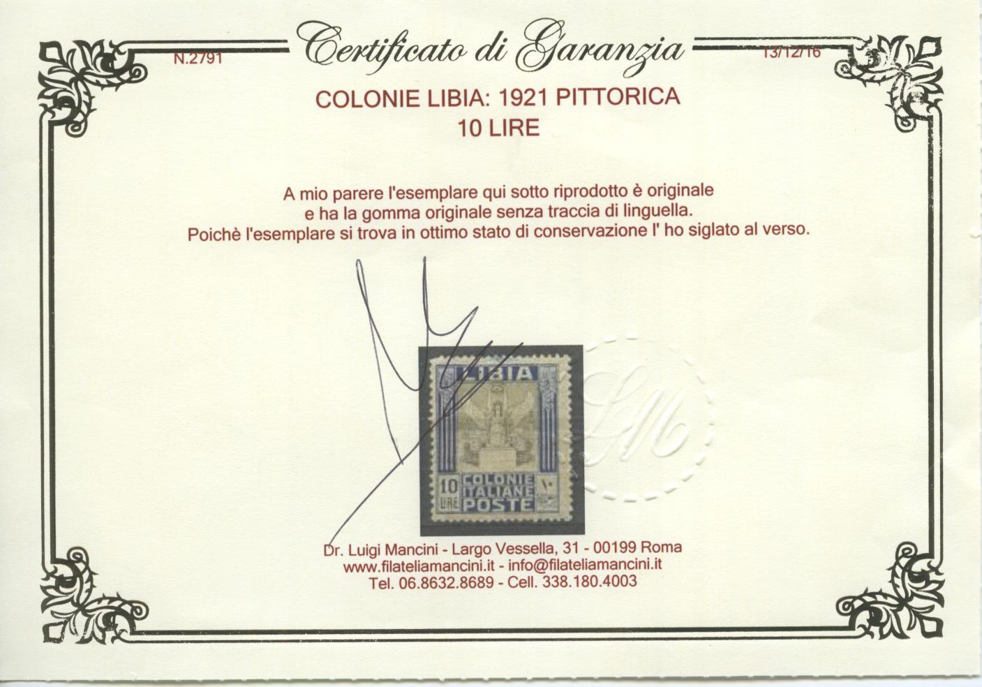 Scansione lotto: COLONIE LIBIA 1921 PITTORICA 12V. 3 **  CERT.