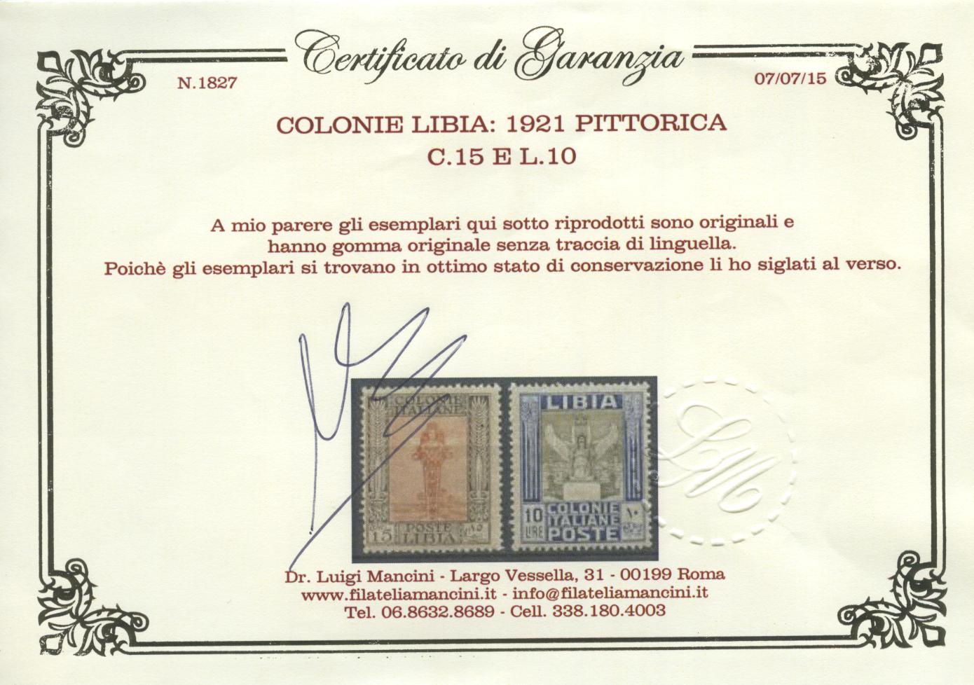 Scansione lotto: COLONIE LIBIA 1921 PITTORICA 12V. 2 ** CENTRATO CERT.