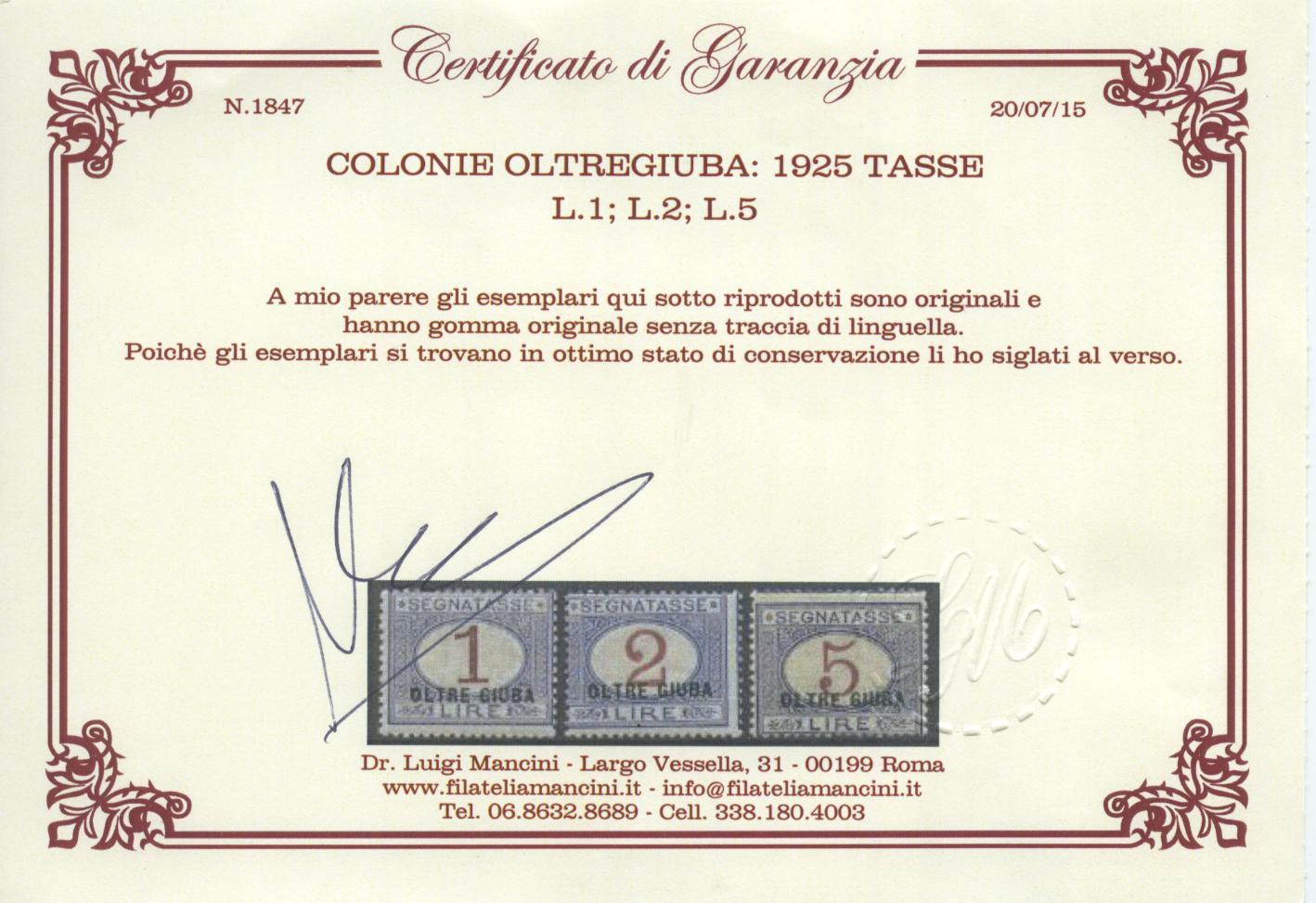 Scansione lotto: COLONIE OLTREGIUBA 1925 TASSE 10V. 3 **  CERT.