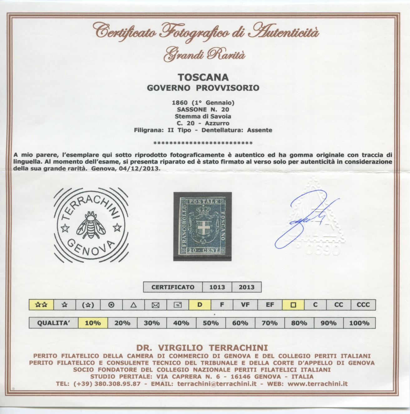 Scansione lotto: TOSCANA 1860 20C.(riparato) *  CERT.