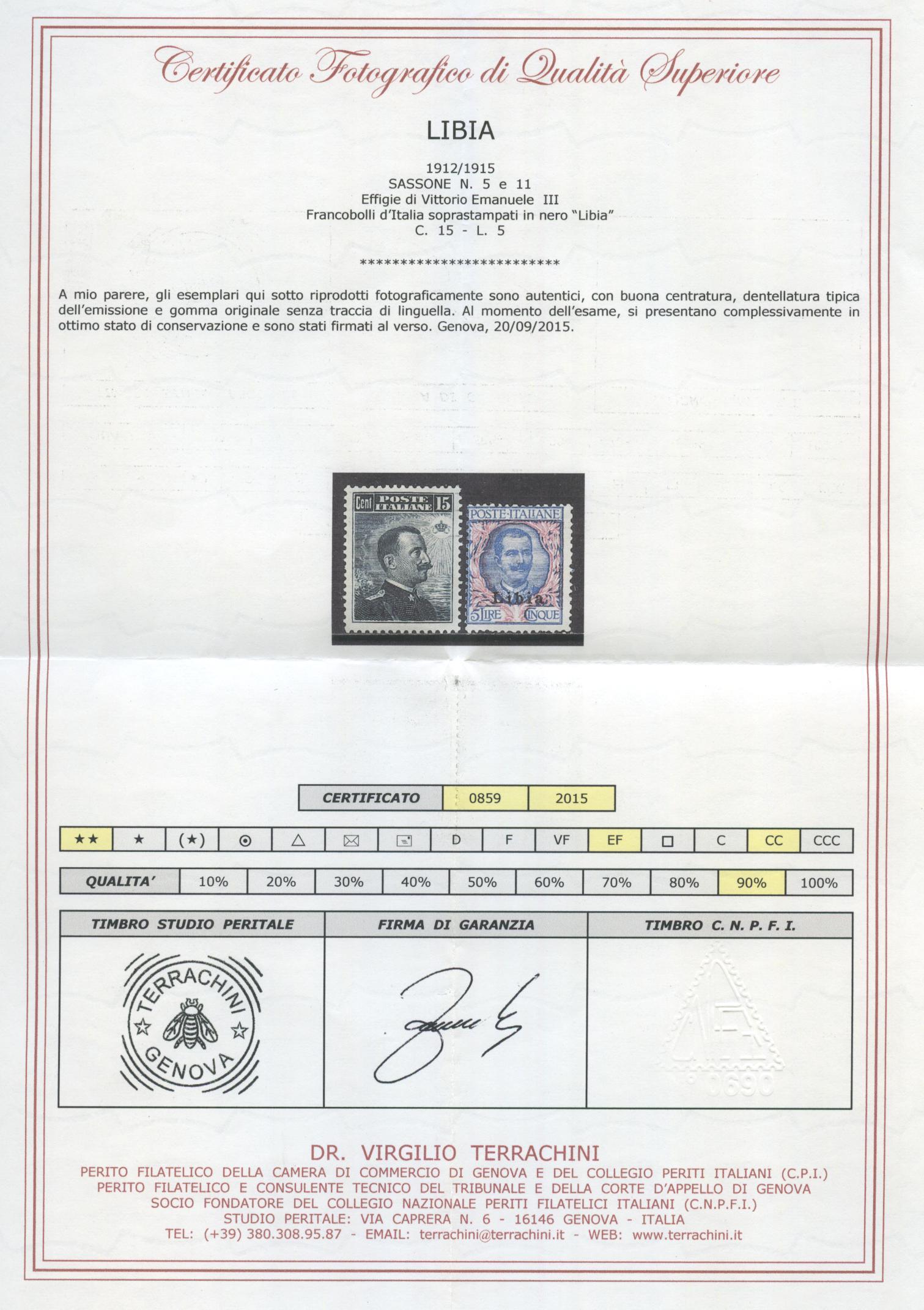 Scansione lotto: COLONIE LIBIA 1912/5 SOVR. 12V. 3 **  CERT.