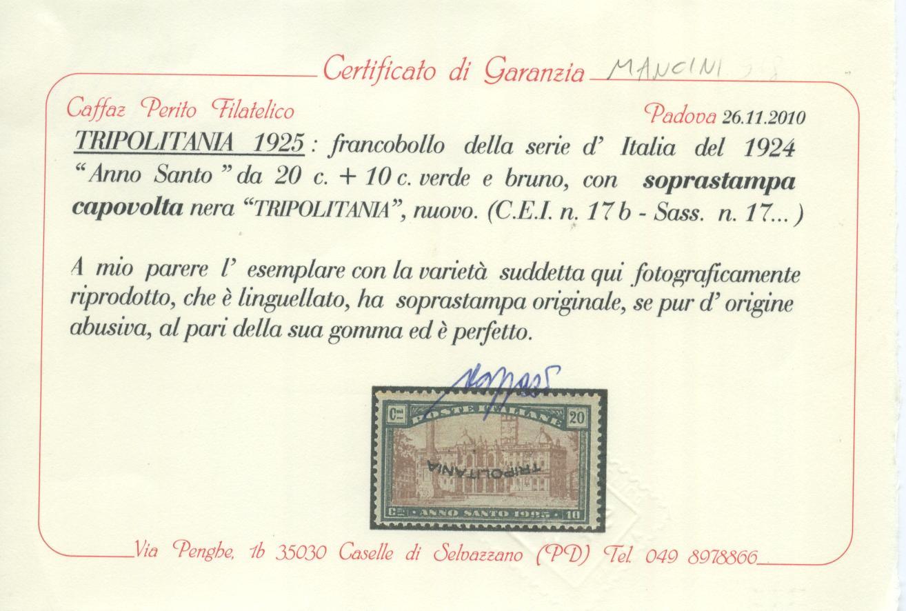 Scansione lotto: COLONIE TRIPOLITANIA 1925 N.17 SOVR. CAPOVOLTA *  CERT.
