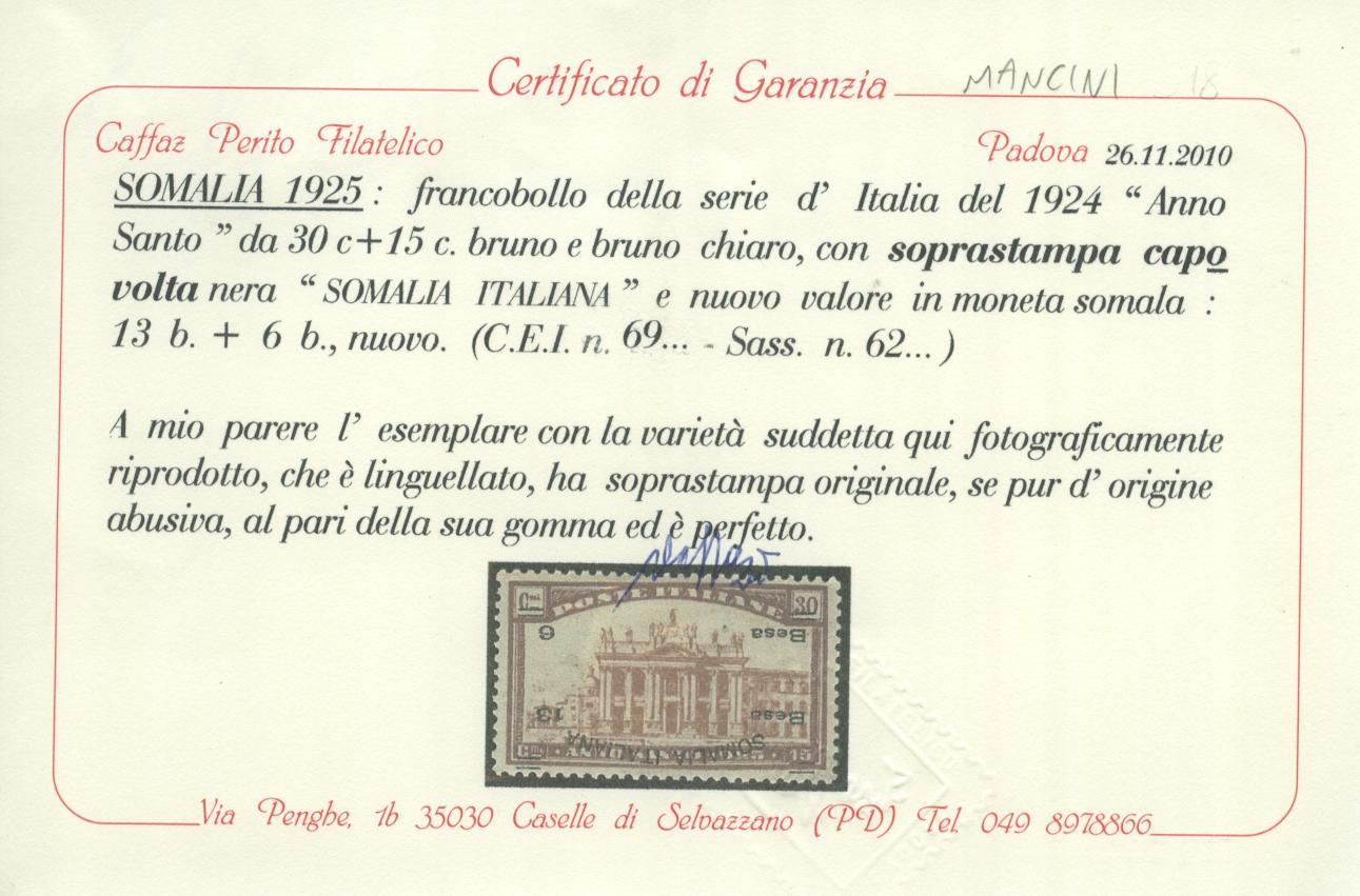 Scansione lotto: COLONIE SOMALIA 1925 N.62 SOVR. CAPOVOLTA *  CERT.