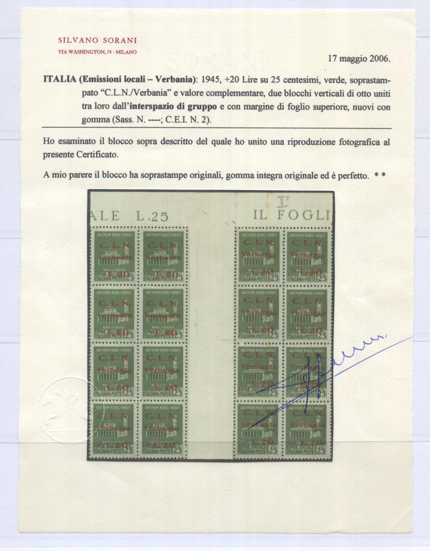 Scansione lotto: ITALIA EMISSIONI LOC 1945 VERBANIA X16 **  CERT.