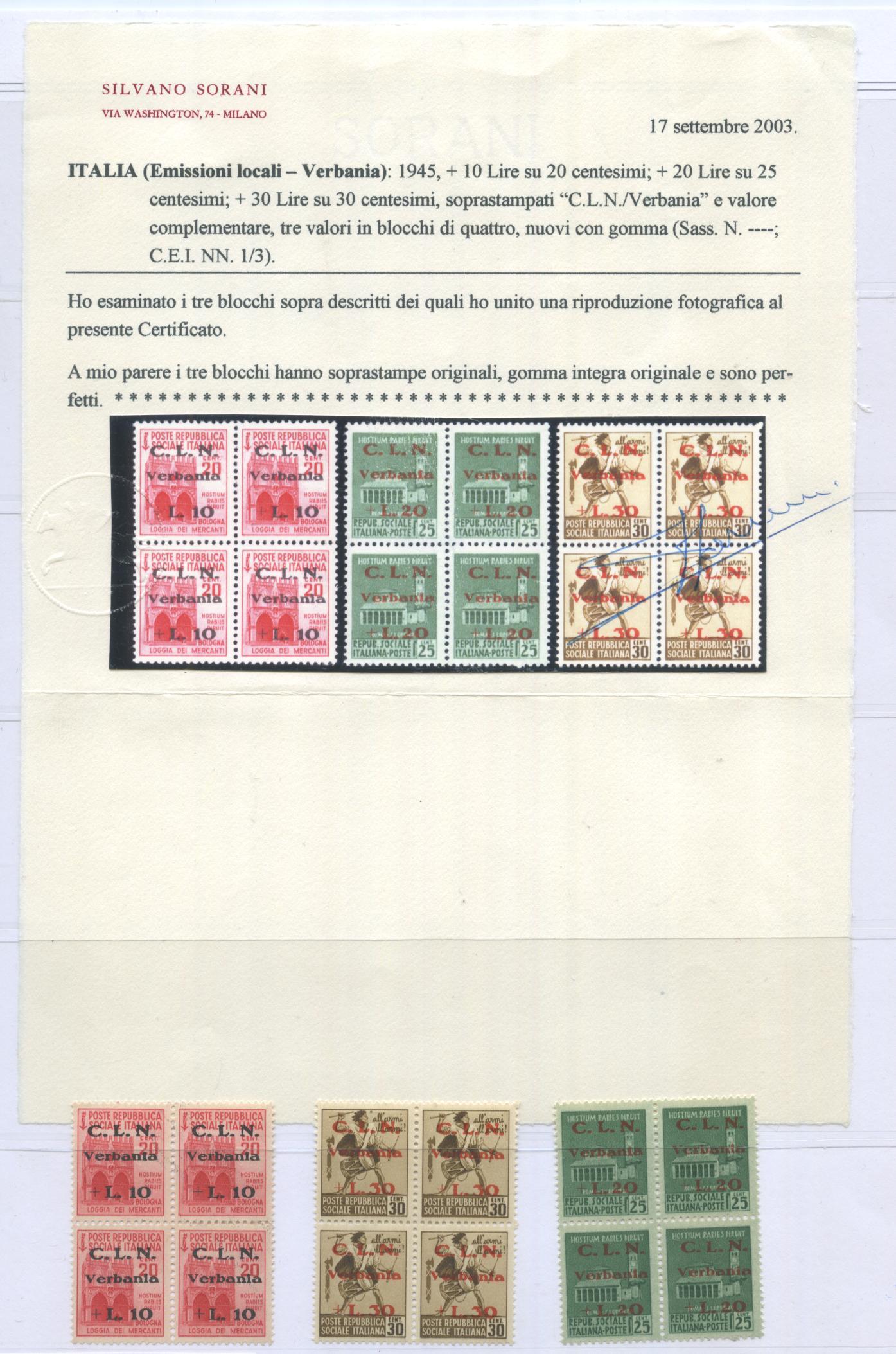 Scansione lotto: ITALIA EMISSIONI LOC 1945 VARIETA' 3V. X4 **  CERT.