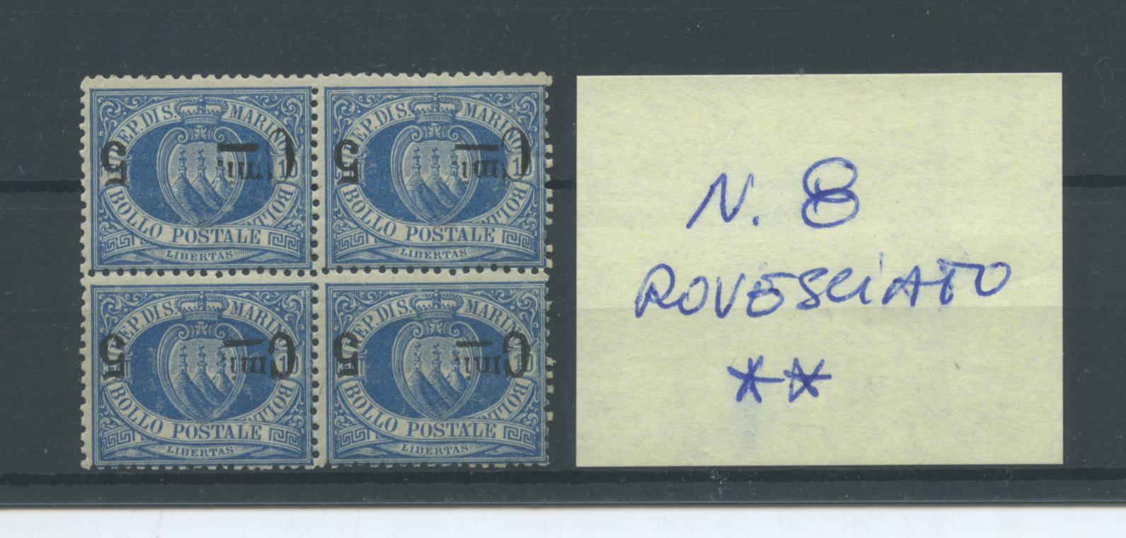 Scansione lotto: SAN MARINO 1892 5C. SU 10C. N.8 X4(rovesciato) **